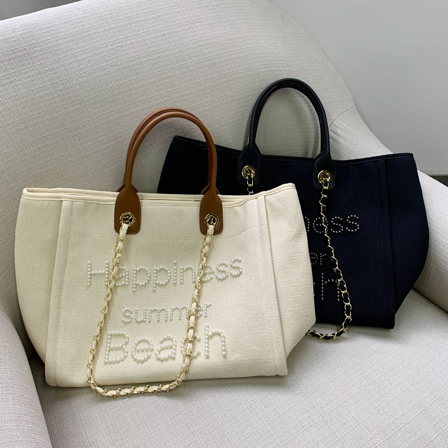 🌸 The Capri Pearl Mini™ | Canvas & Leather Beach Bag with Pearl Chain
