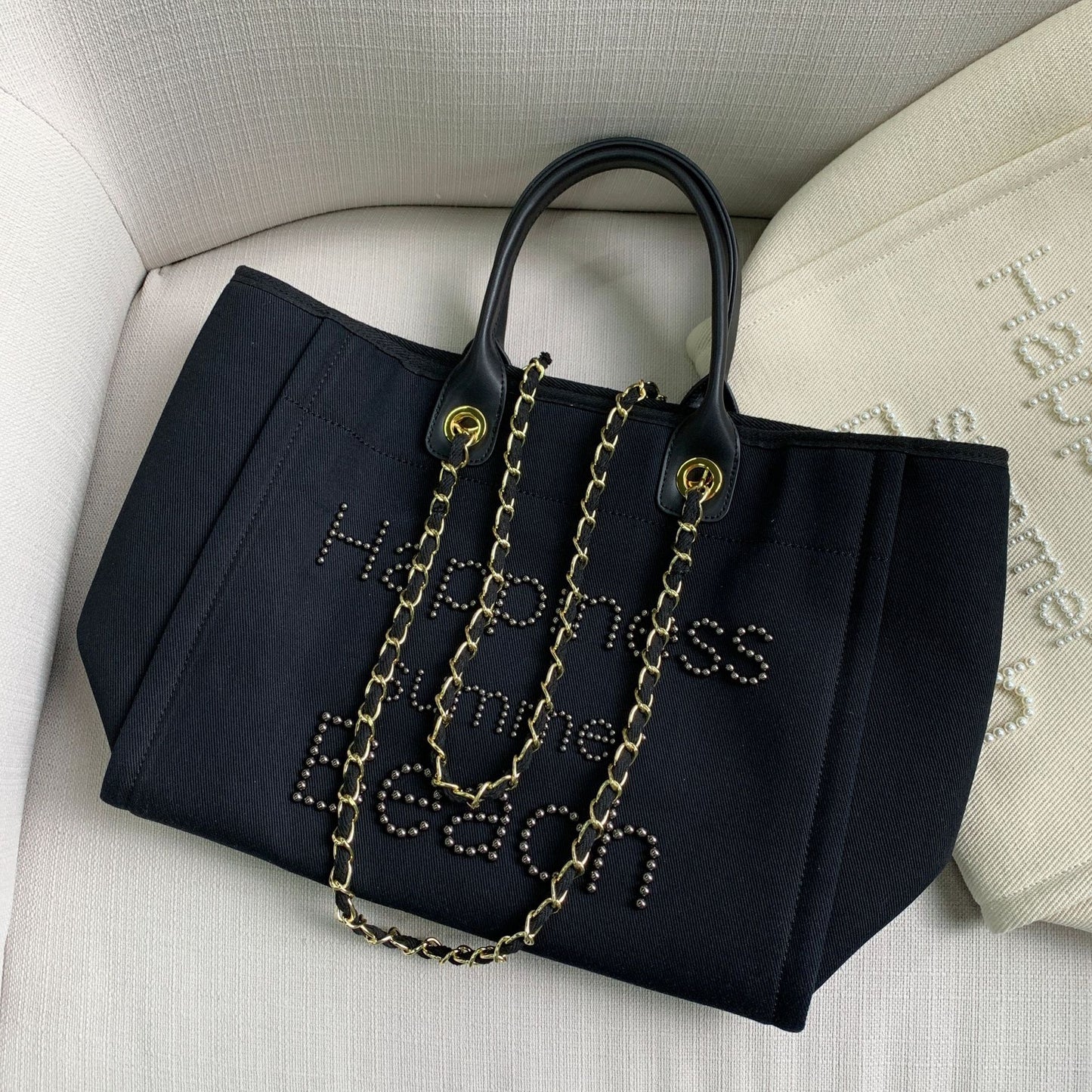 🌸 The Capri Pearl Mini™ | Canvas & Leather Beach Bag with Pearl Chain