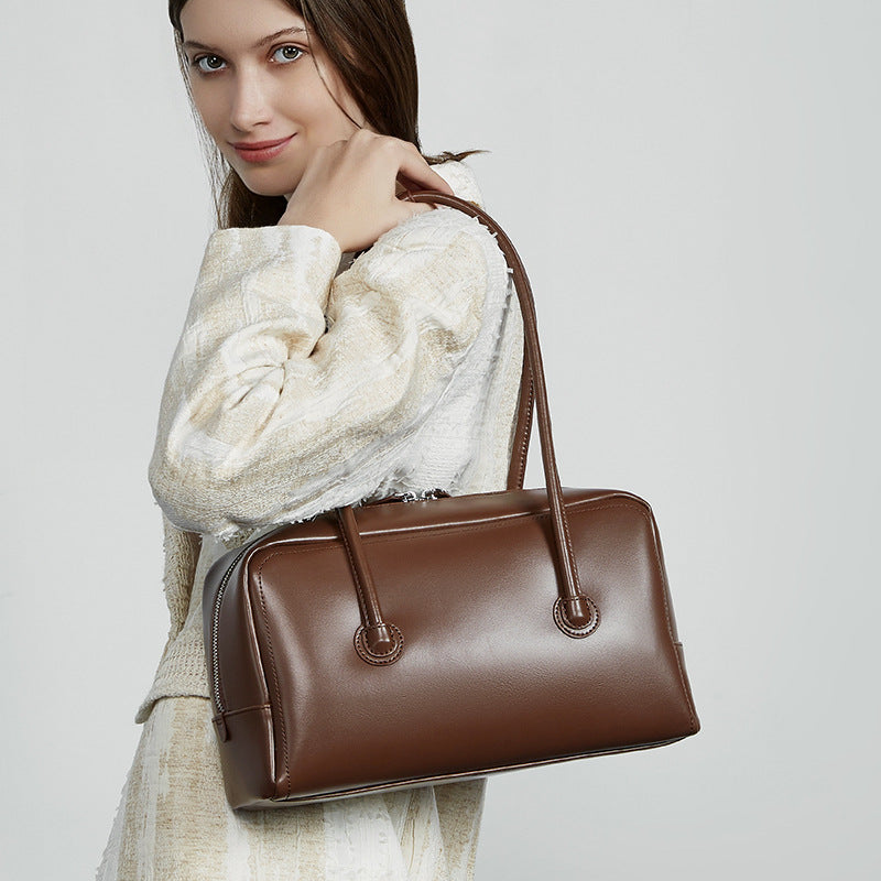 Genuine Leather Boston Bag – Elegant Structured Large Capacity Work & Everyday Bag