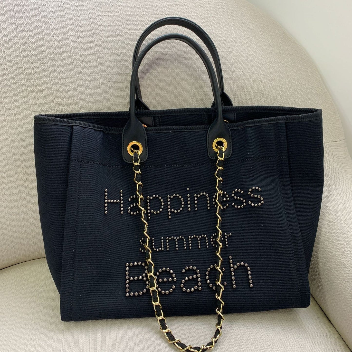 🌸 The Capri Pearl Mini™ | Canvas & Leather Beach Bag with Pearl Chain