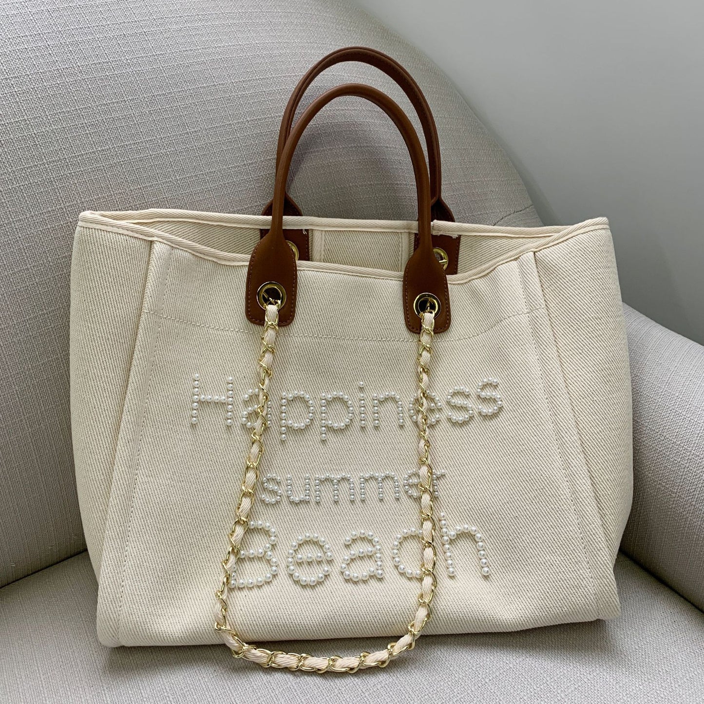 🌸 The Capri Pearl Mini™ | Canvas & Leather Beach Bag with Pearl Chain